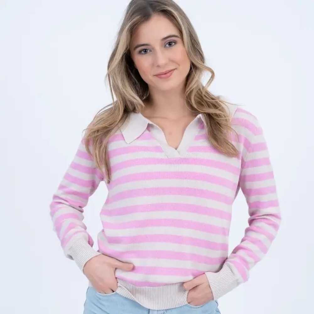 Burgess‎ Pink Beige Stripe Collared Knit Sweater Women's Size M